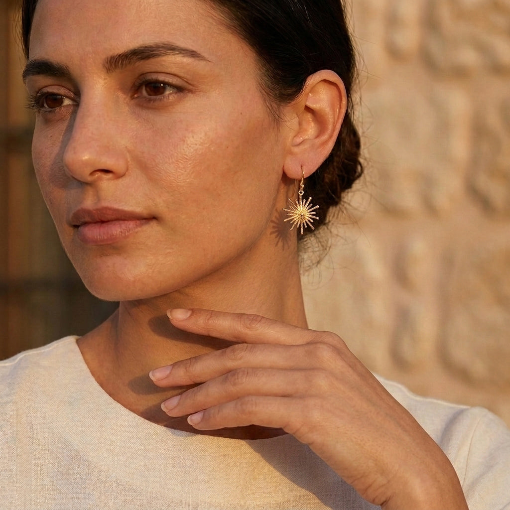 Round Starburst Drop Earrings with Radiating Sculptural Detail