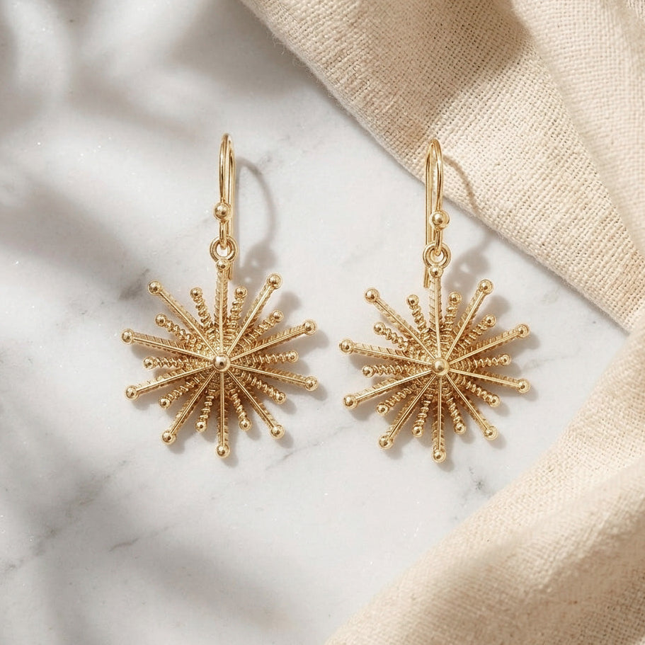 Round Starburst Drop Earrings with Radiating Sculptural Detail