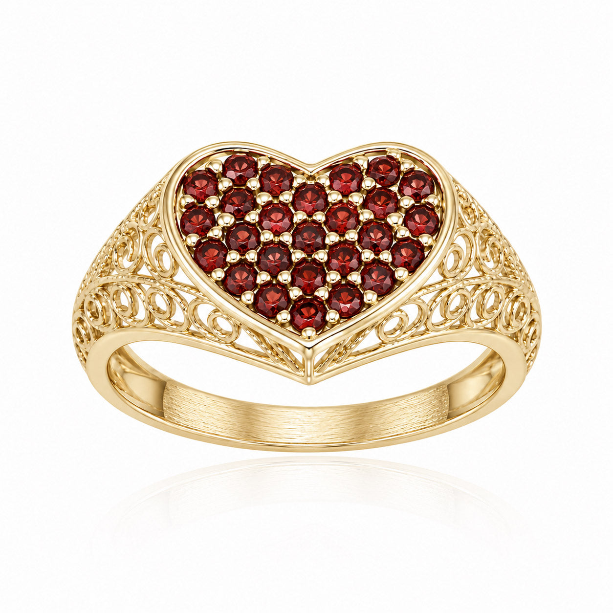 Heart Filigree Ring with Red Cubic Zirconia – Romantic Gold Statement Ring