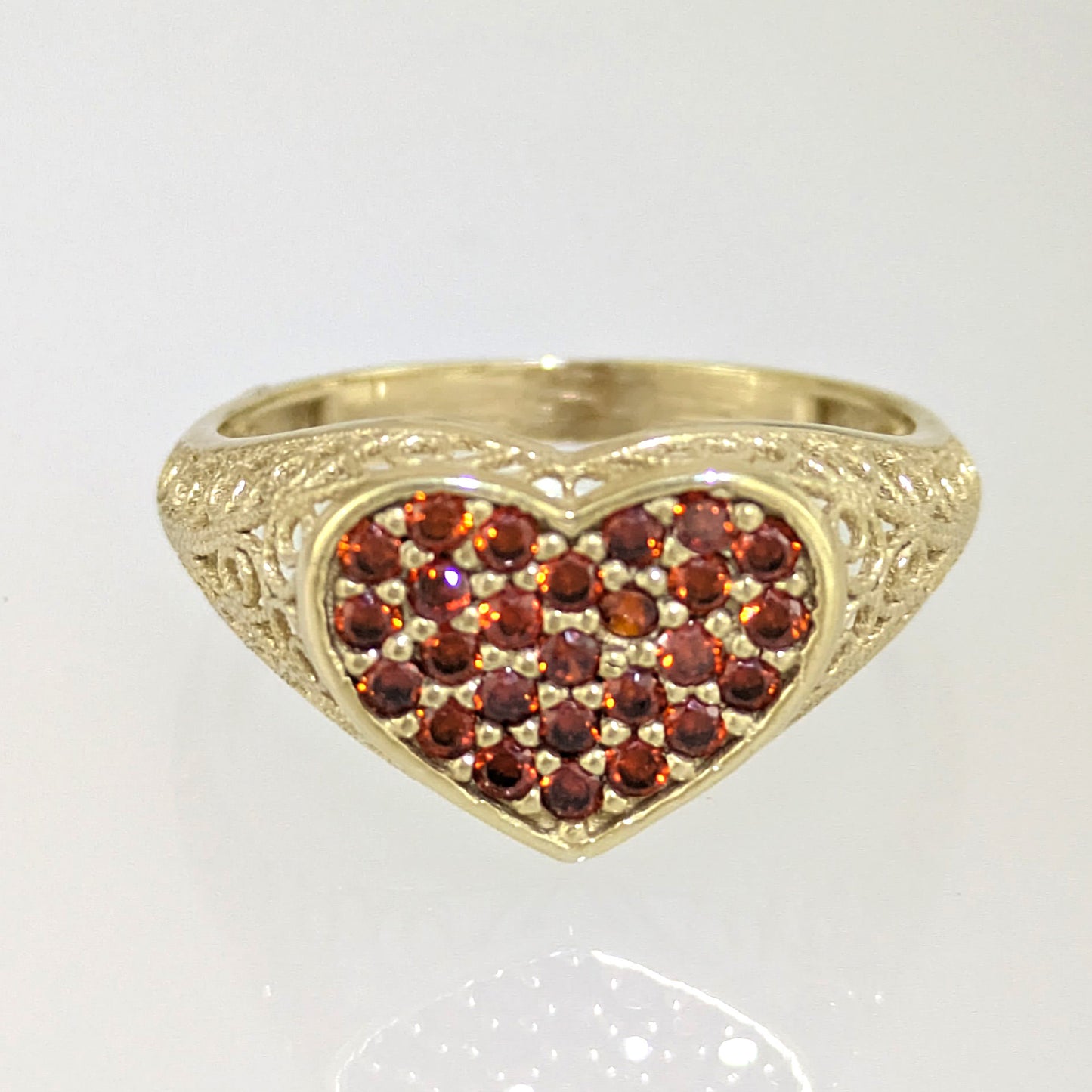 Heart Filigree Ring with Red Cubic Zirconia – Romantic Gold Statement Ring