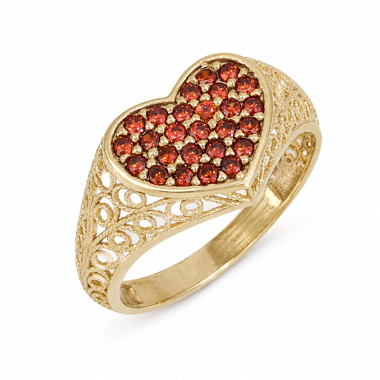 Heart Filigree Ring with Red Cubic Zirconia – Romantic Gold Statement Ring