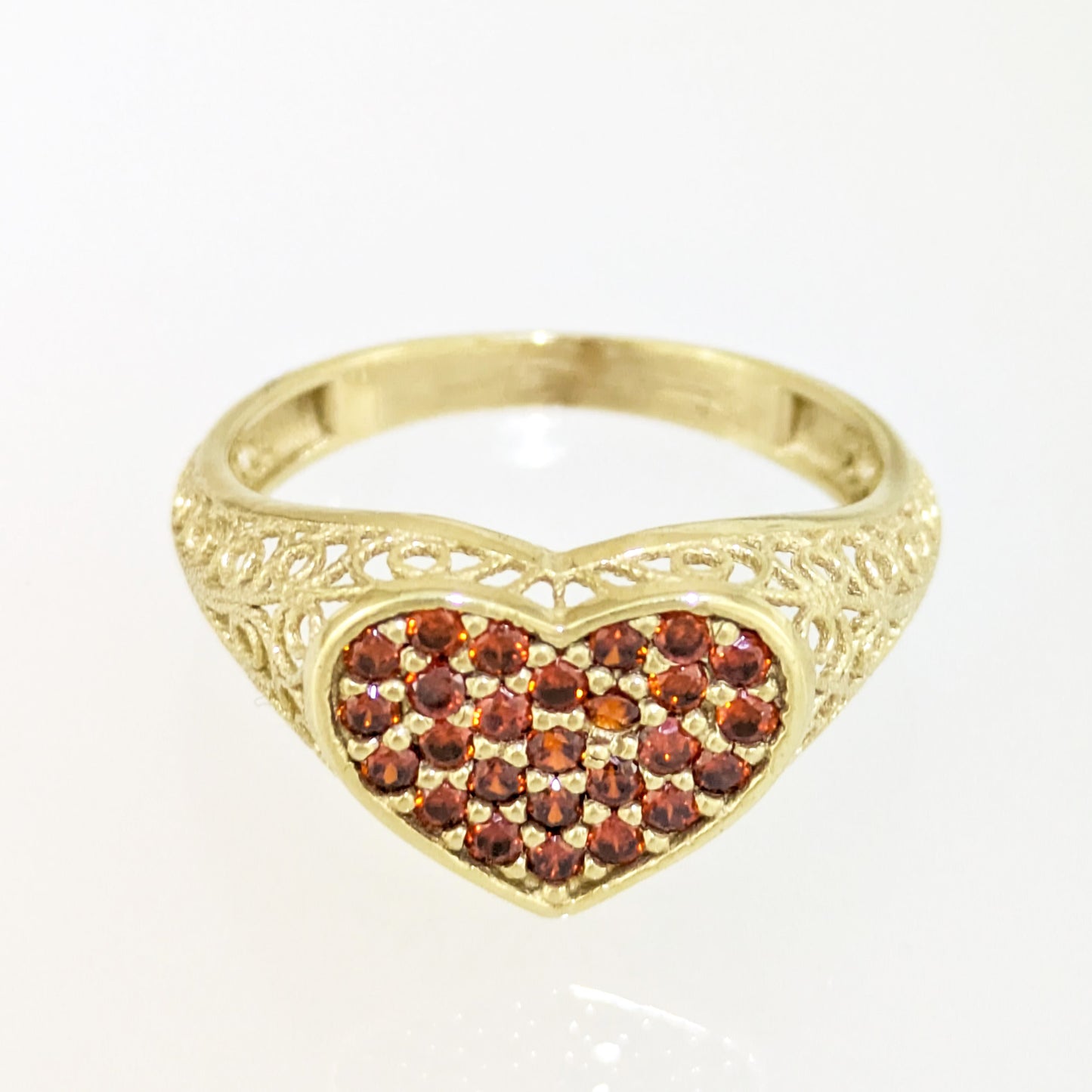 Heart Filigree Ring with Red Cubic Zirconia – Romantic Gold Statement Ring