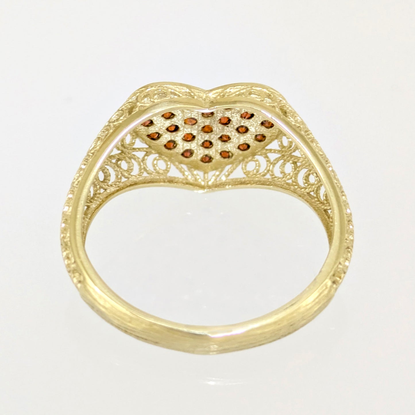 Heart Filigree Ring with Red Cubic Zirconia – Romantic Gold Statement Ring