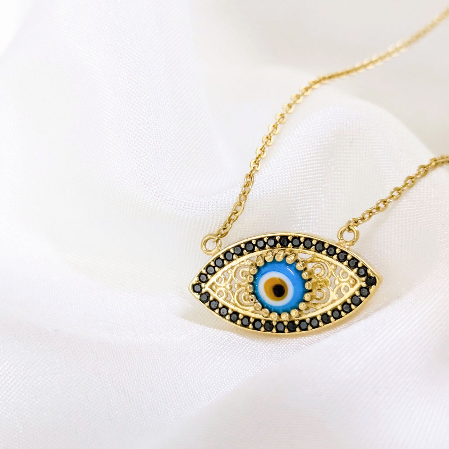 Evil Eye Gold Necklace 18k Gold Over Bronze Nazar Pendant Black CZ Turkish Protection Jewelry