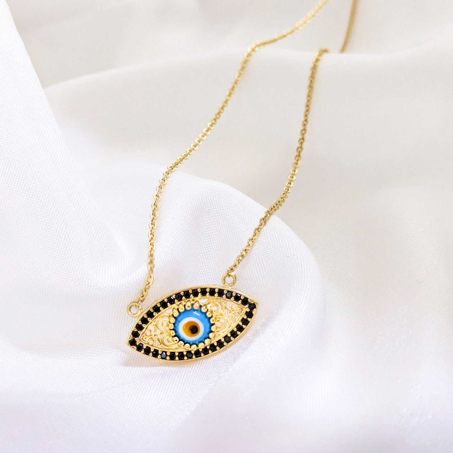 Evil Eye Gold Necklace 18k Gold Over Bronze Nazar Pendant Black CZ Turkish Protection Jewelry