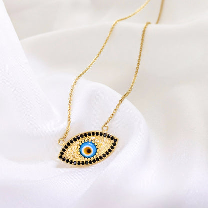 Evil Eye Gold Necklace 18k Gold Over Bronze Nazar Pendant Black CZ Turkish Protection Jewelry