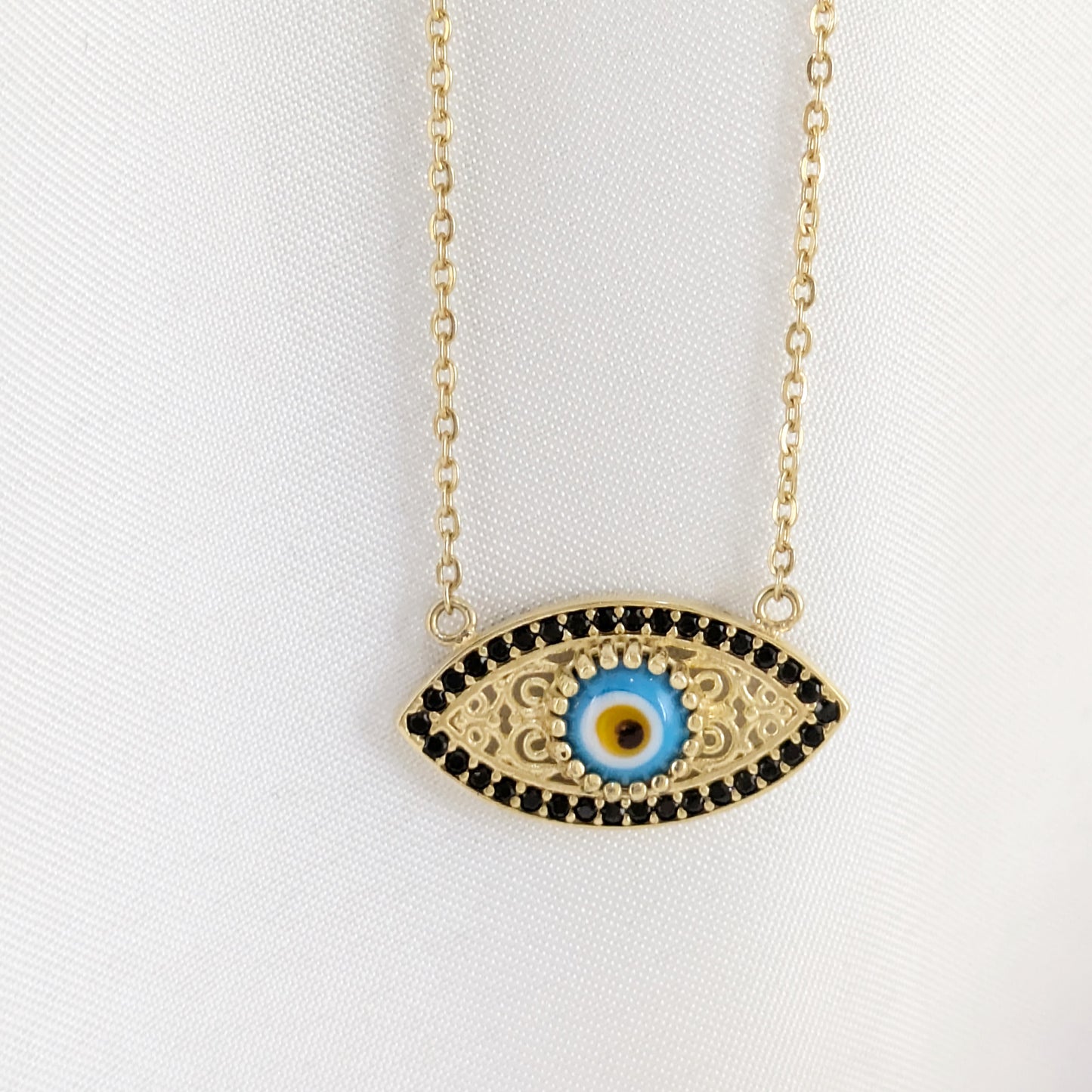 Evil Eye Gold Necklace 18k Gold Over Bronze Nazar Pendant Black CZ Turkish Protection Jewelry