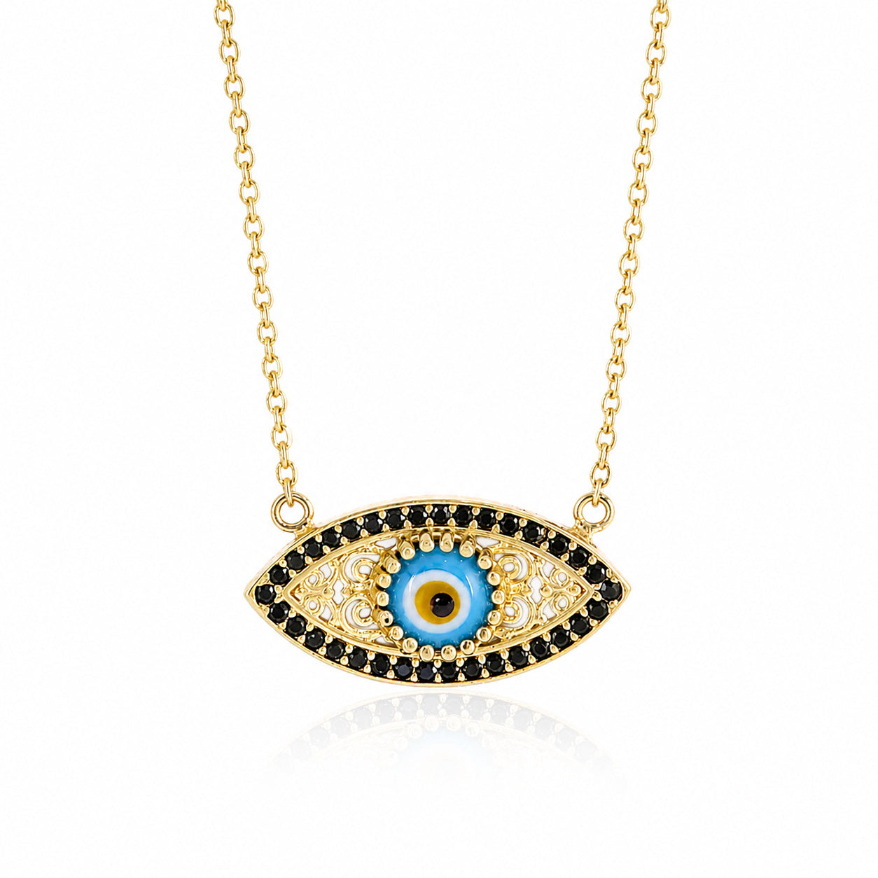 Evil Eye Gold Necklace 18k Gold Over Bronze Nazar Pendant Black CZ Turkish Protection Jewelry