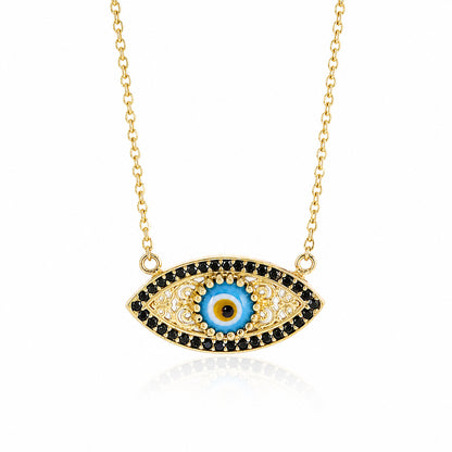 Evil Eye Gold Necklace 18k Gold Over Bronze Nazar Pendant Black CZ Turkish Protection Jewelry