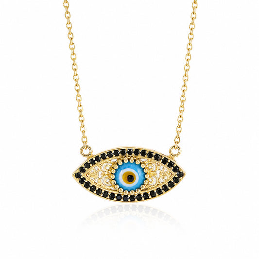 Evil Eye Gold Necklace 18k Gold Over Bronze Nazar Pendant Black CZ Turkish Protection Jewelry