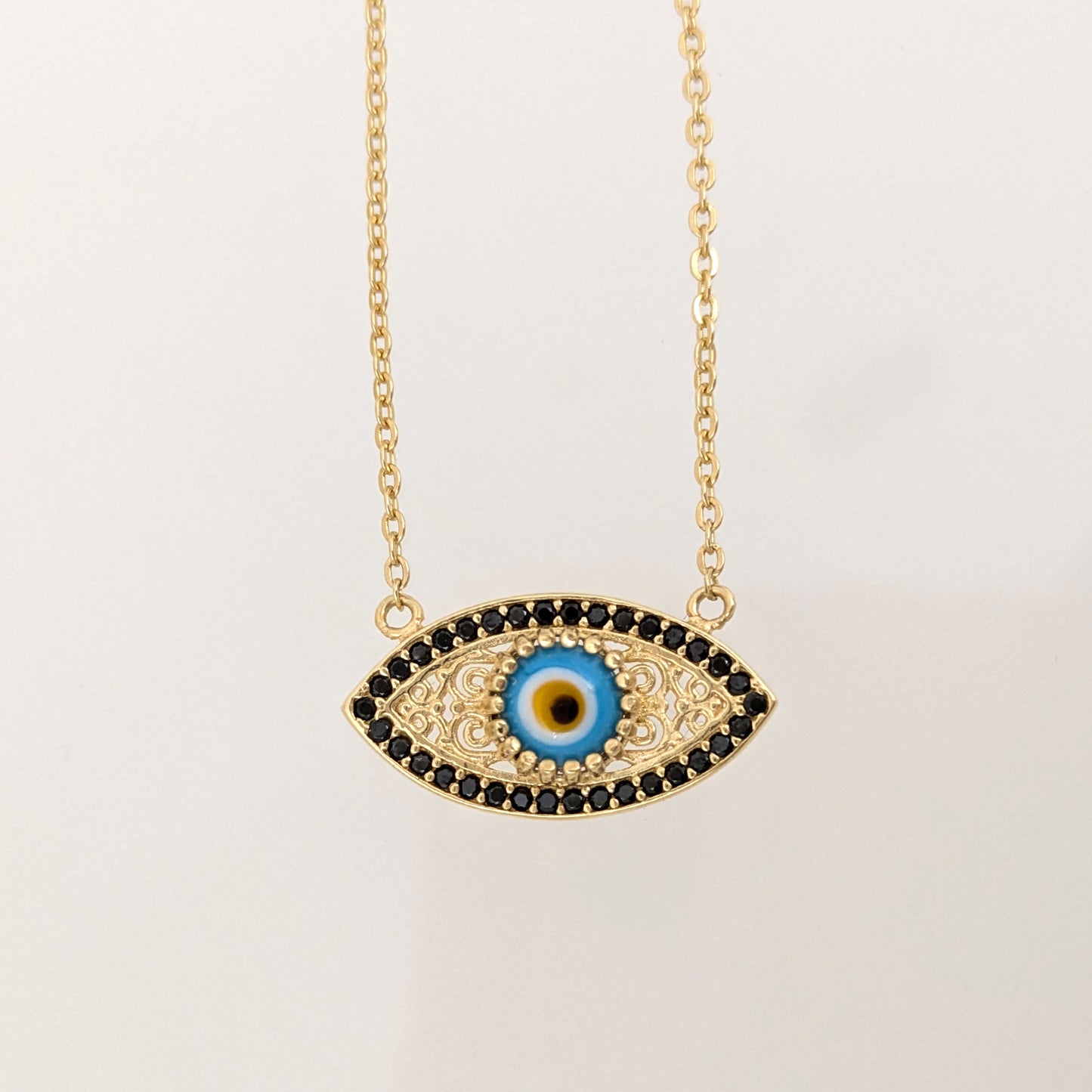 Evil Eye Gold Necklace 18k Gold Over Bronze Nazar Pendant Black CZ Turkish Protection Jewelry