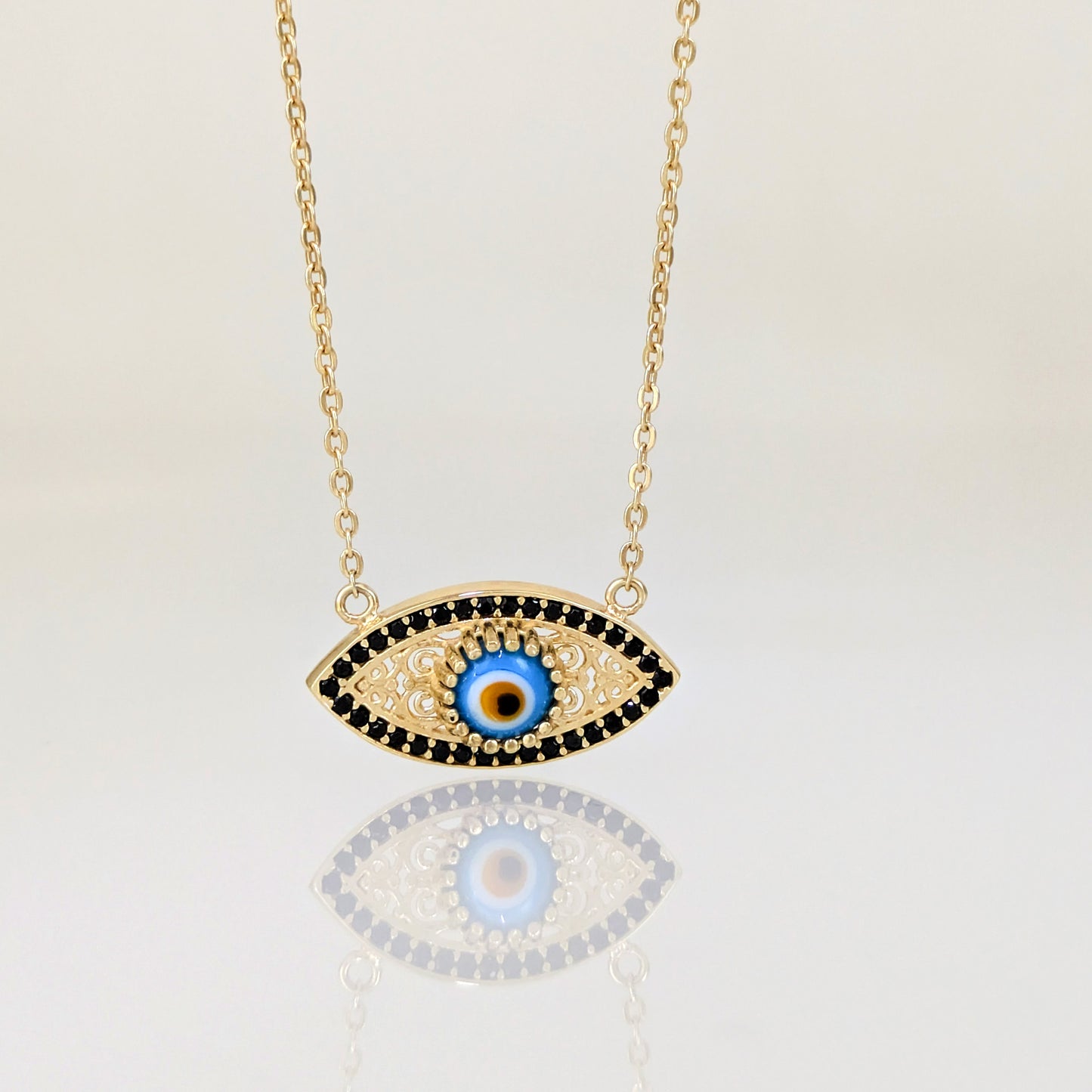 Evil Eye Gold Necklace 18k Gold Over Bronze Nazar Pendant Black CZ Turkish Protection Jewelry
