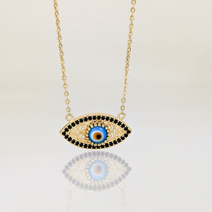 Evil Eye Gold Necklace 18k Gold Over Bronze Nazar Pendant Black CZ Turkish Protection Jewelry