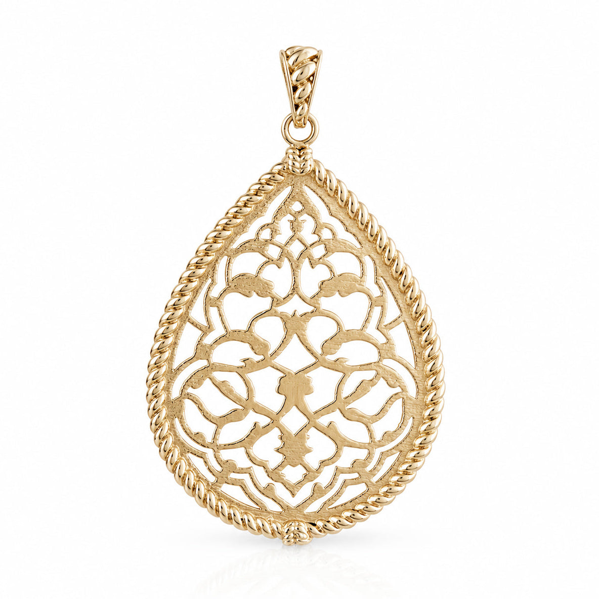 A gold teardrop pendant with an intricate filigree cutout design and a twisted rope border, shown on a clean white background.