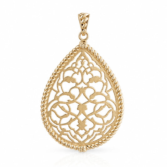 A gold teardrop pendant with an intricate filigree cutout design and a twisted rope border, shown on a clean white background.