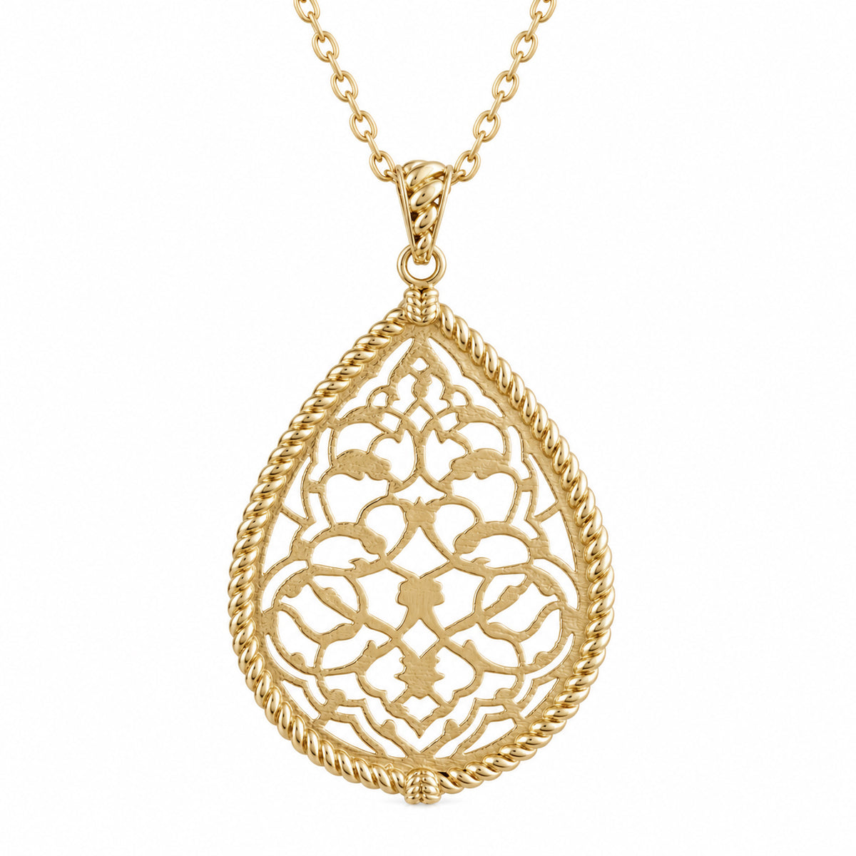 Turkish Motif Teardrop Openwork Pendant with Ornate Scrollwork