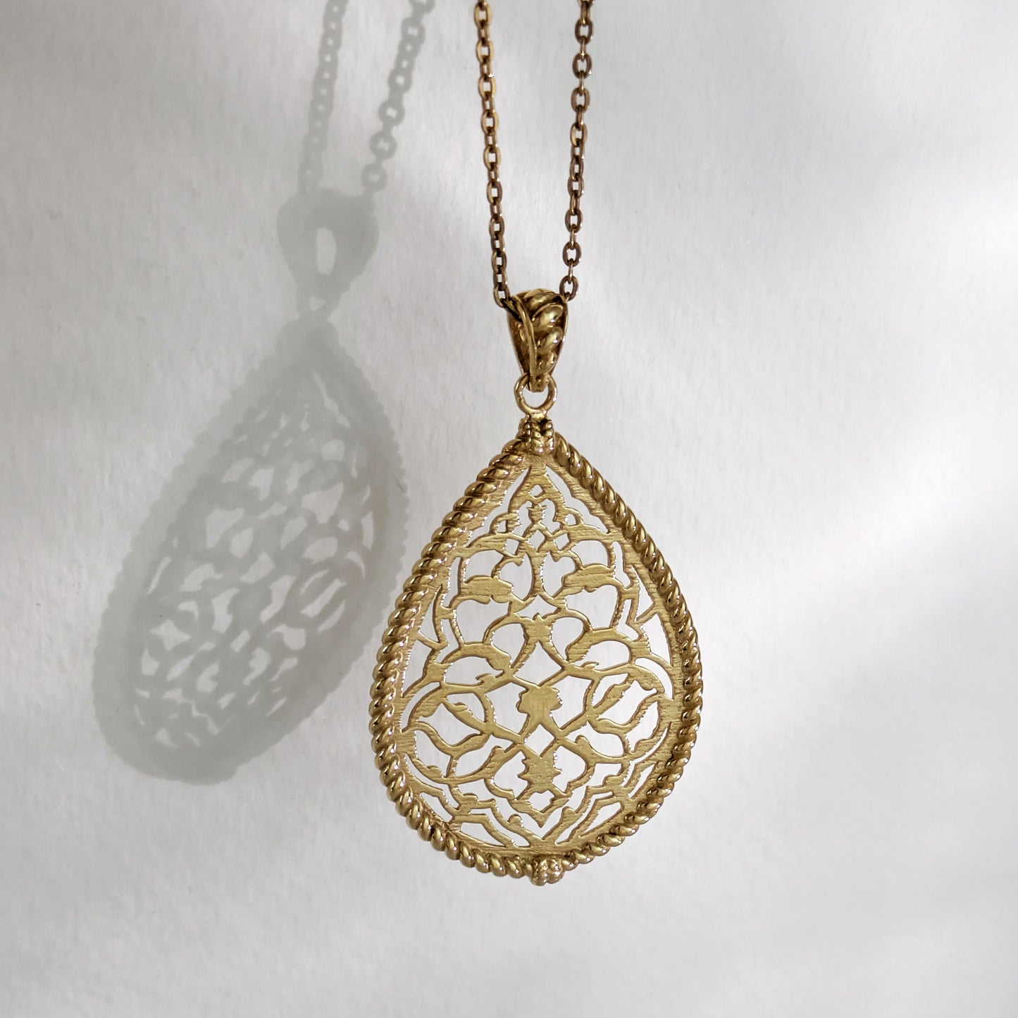 Turkish Motif Teardrop Openwork Pendant with Ornate Scrollwork