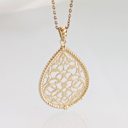 Turkish Motif Teardrop Openwork Pendant with Ornate Scrollwork