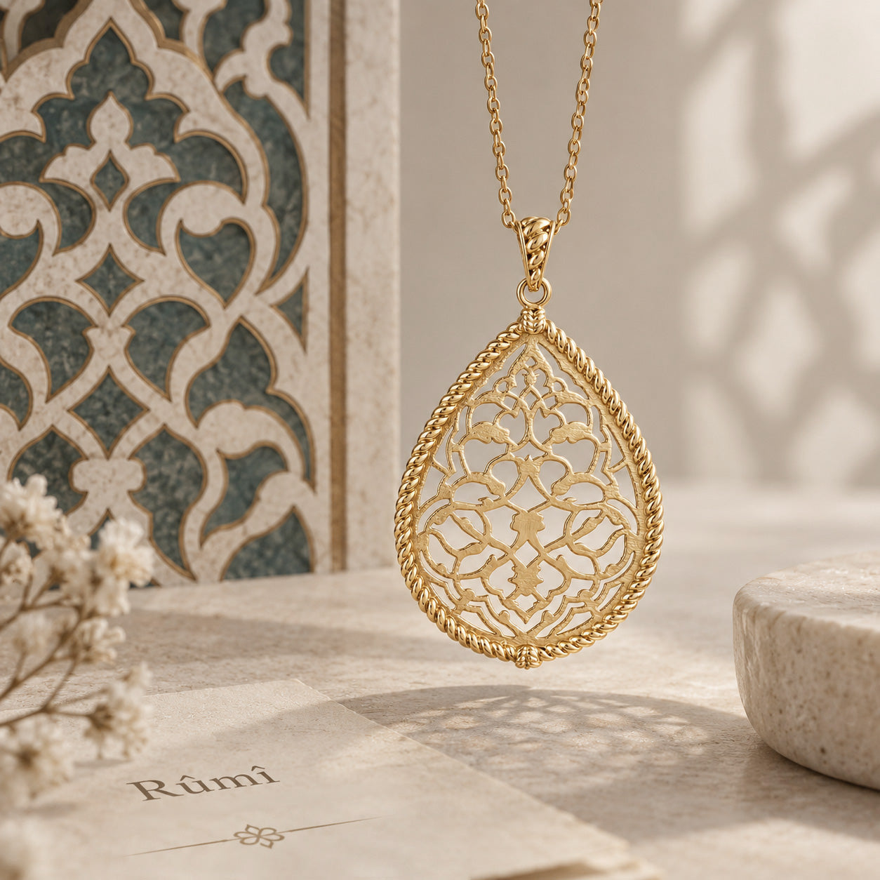 Turkish Motif Teardrop Openwork Pendant with Ornate Scrollwork