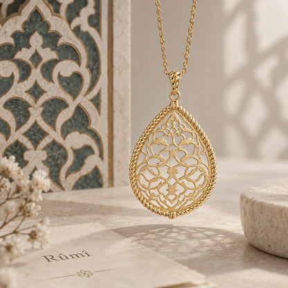 Turkish Motif Teardrop Openwork Pendant with Ornate Scrollwork