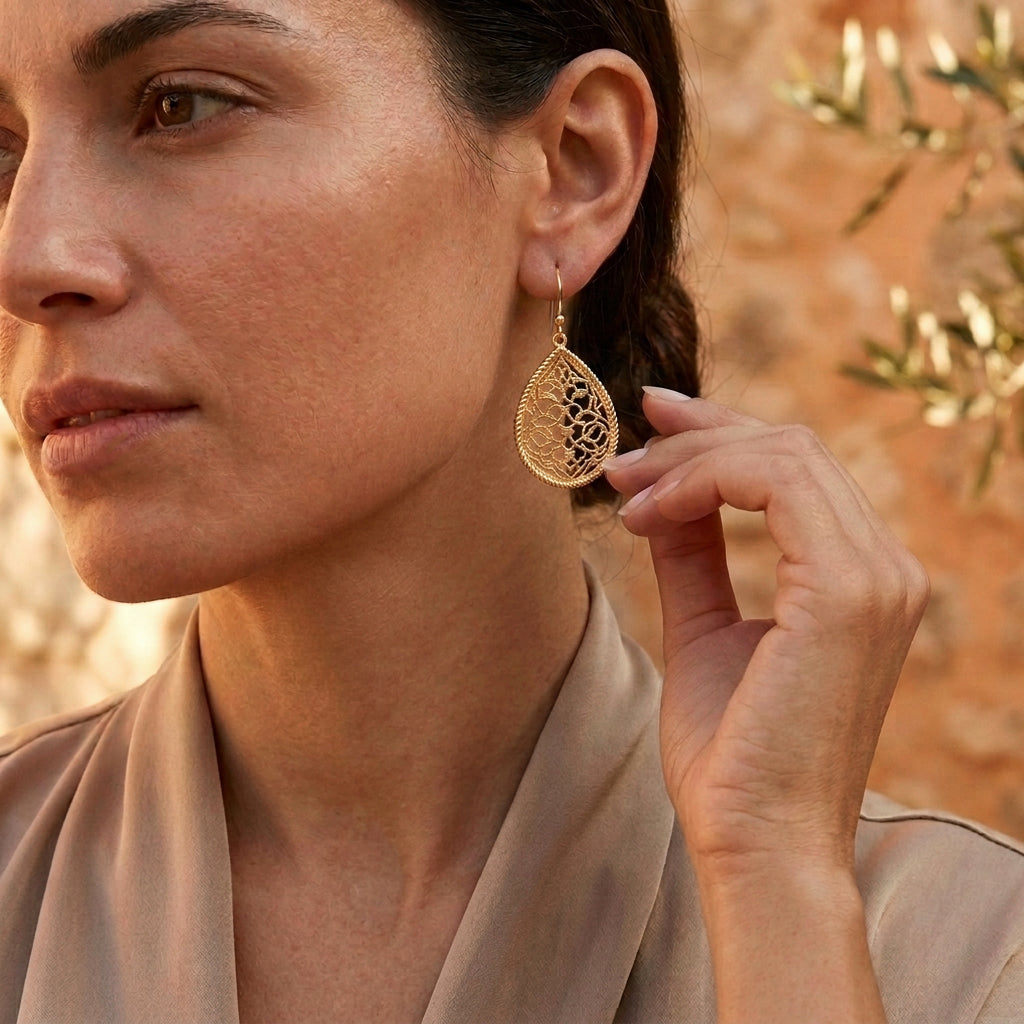 Turkish Motif Teardrop Drop Earrings with Ornate Openwork