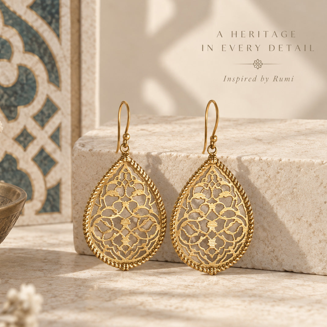 Turkish Motif Teardrop Drop Earrings with Ornate Openwork