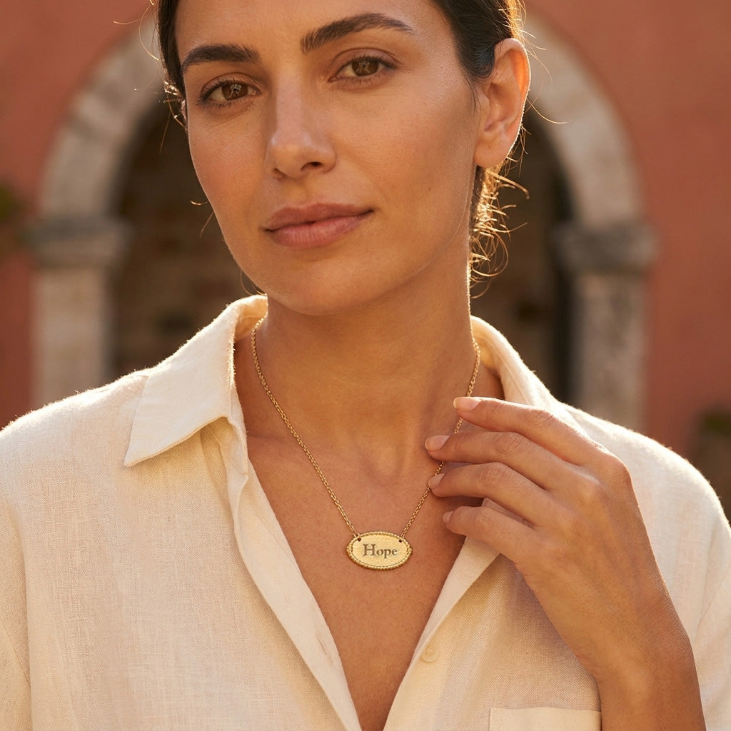 Oval Hope Cutout Necklace with Textured Pendant