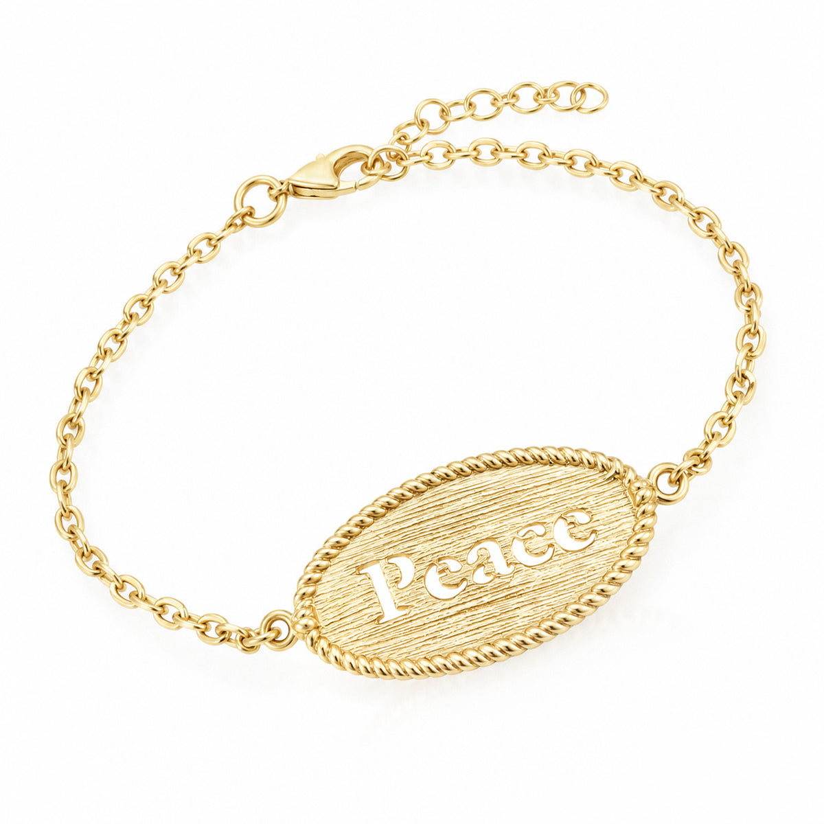 A gold chain bracelet with an oval textured pendant engraved with the word 'Peace', shown on a clean white background.