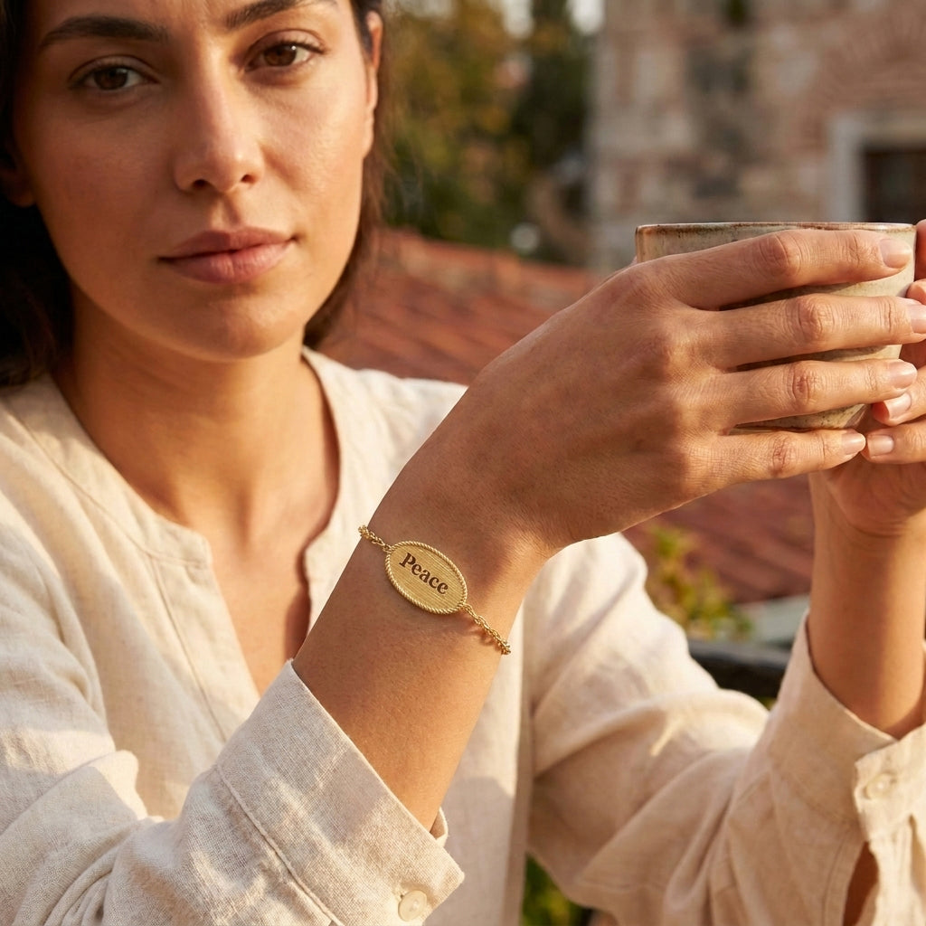 Oval Peace Cutout Bracelet with Textured Rope Border