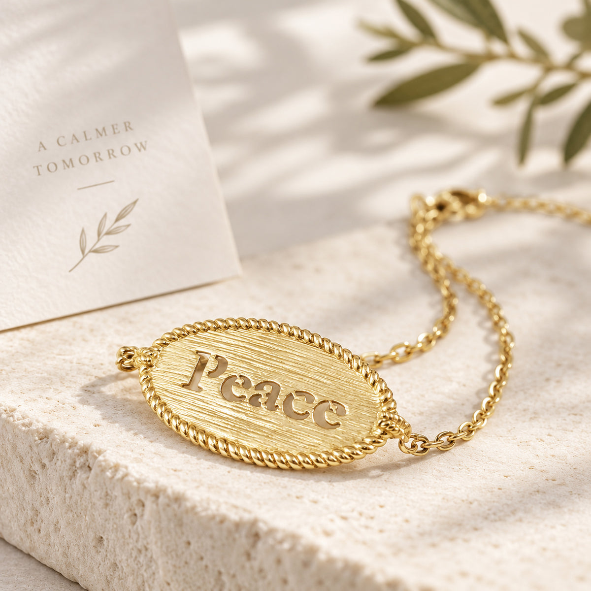 Oval Peace Cutout Bracelet with Textured Rope Border