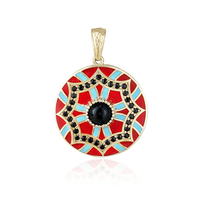 Gold Mosaic Pendant Red Turquoise Enamel Black Onyx Medallion