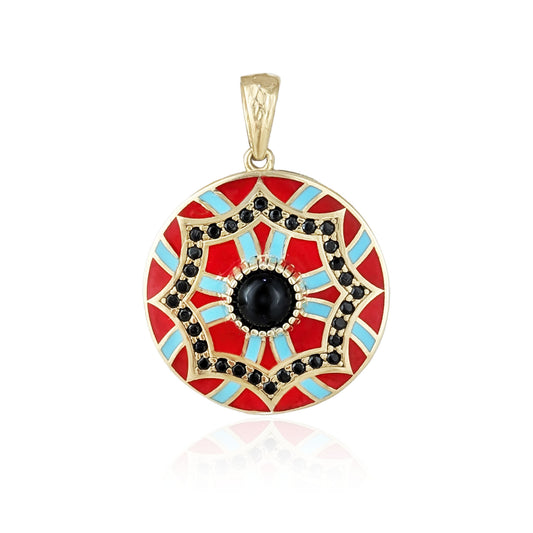 Gold Mosaic Pendant Red Turquoise Enamel Black Onyx Medallion