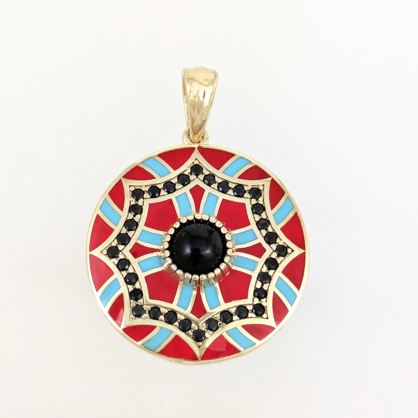 Gold Mosaic Pendant Red Turquoise Enamel Black Onyx Medallion
