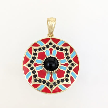 Gold Mosaic Pendant Red Turquoise Enamel Black Onyx Medallion