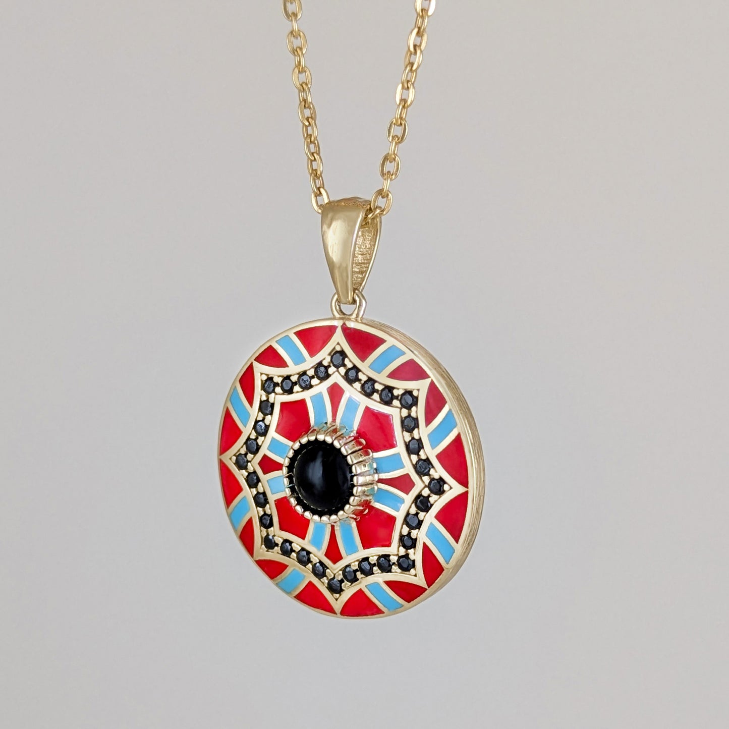 Gold Mosaic Pendant Red Turquoise Enamel Black Onyx Medallion