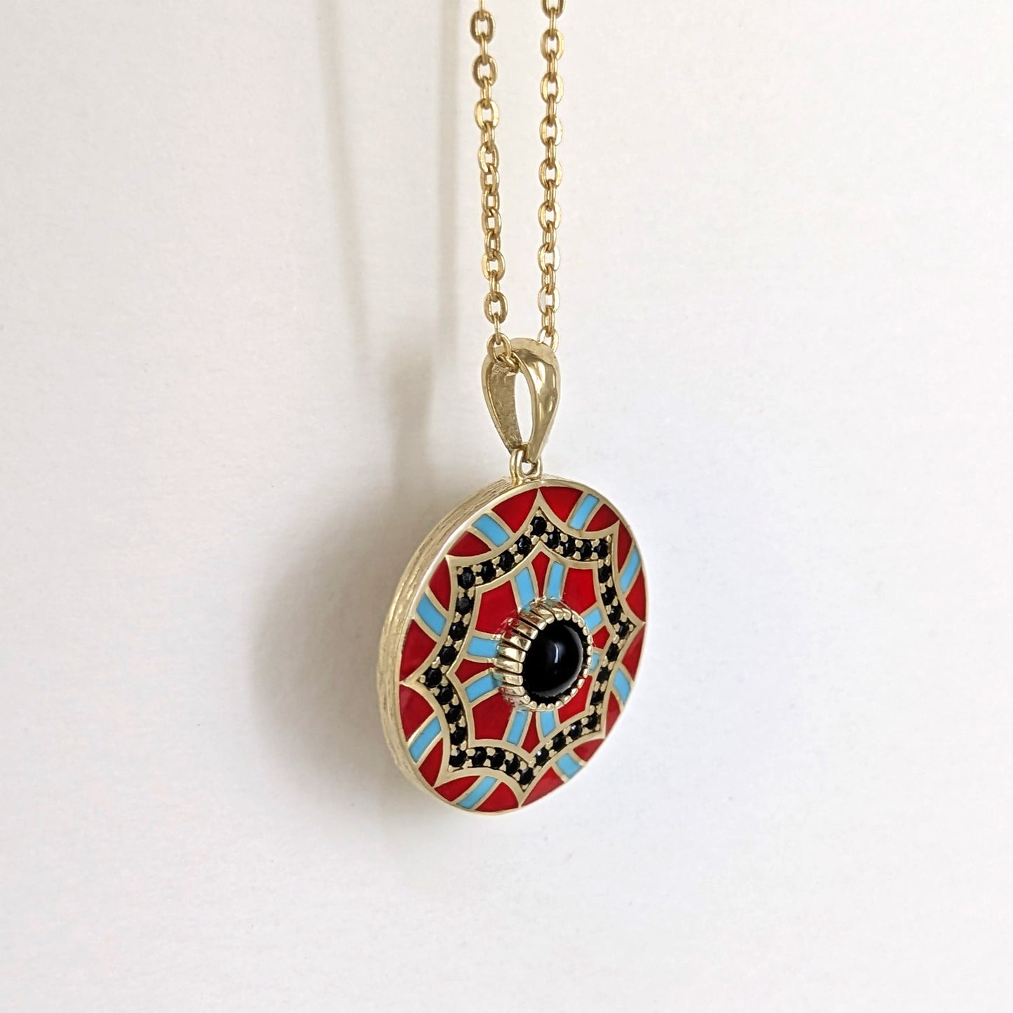 Gold Mosaic Pendant Red Turquoise Enamel Black Onyx Medallion