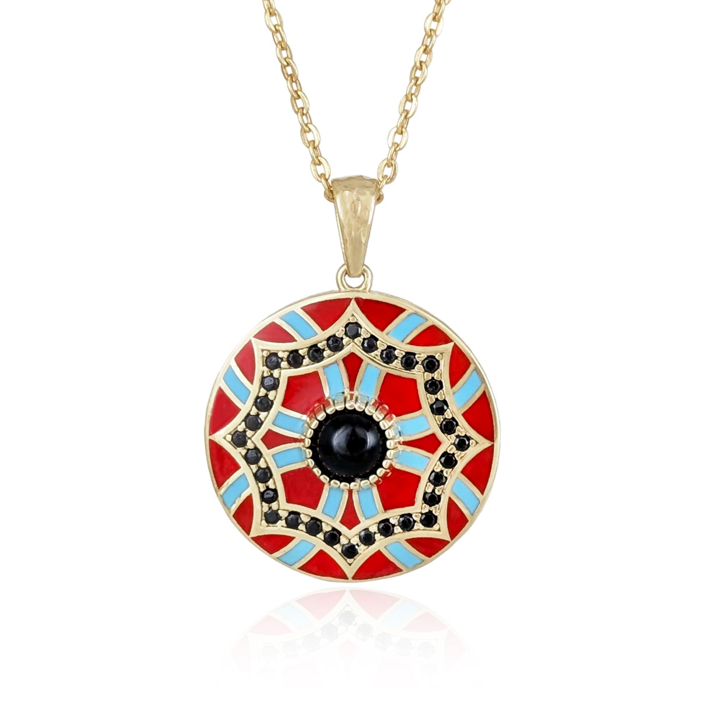 Gold Mosaic Pendant Red Turquoise Enamel Black Onyx Medallion