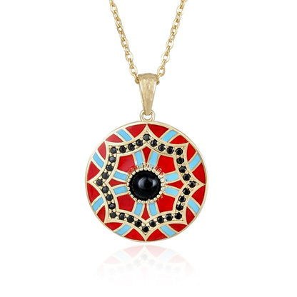 Gold Mosaic Pendant Red Turquoise Enamel Black Onyx Medallion