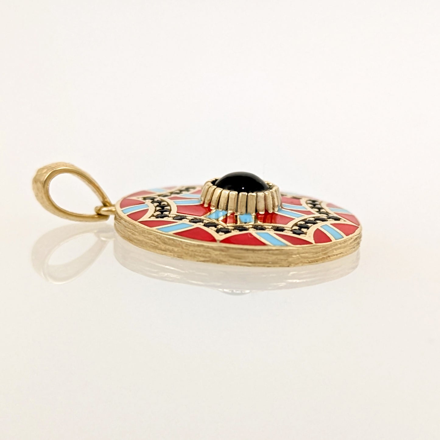 Gold Mosaic Pendant Red Turquoise Enamel Black Onyx Medallion