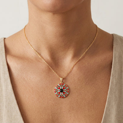 Gold Mosaic Pendant Red Turquoise Enamel Black Onyx Medallion