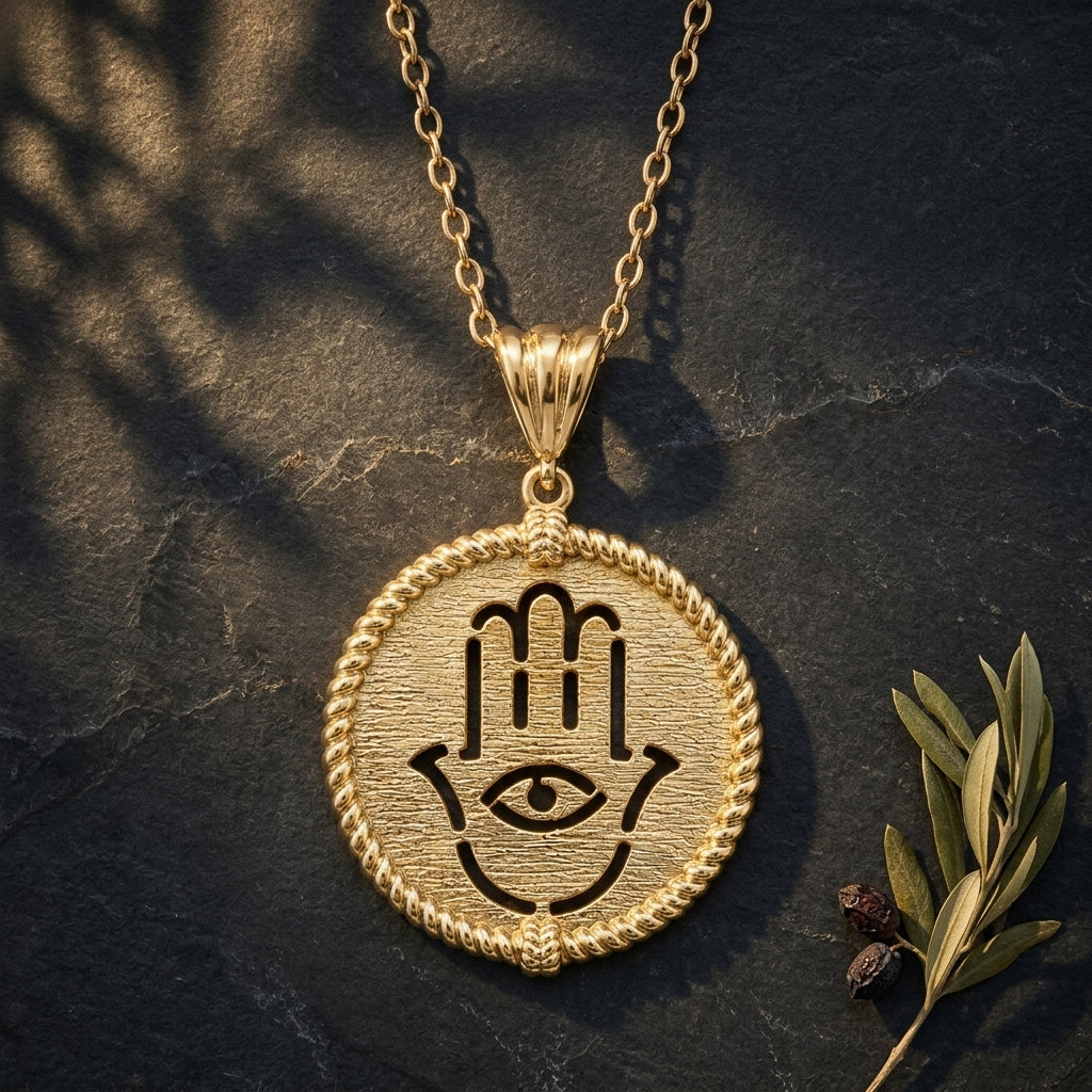 Round Hamsa Hand and Evil Eye Cutout Pendant