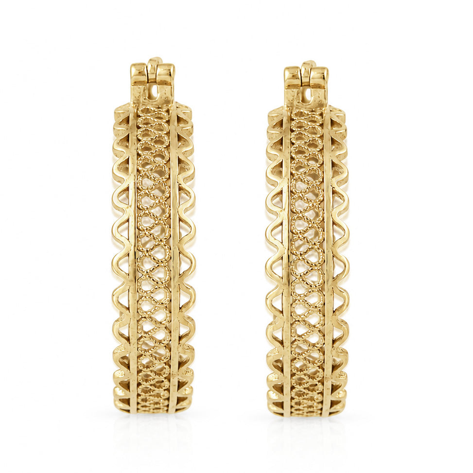 Ornate Filigree Hoop Earrings with Wavy Openwork Detail