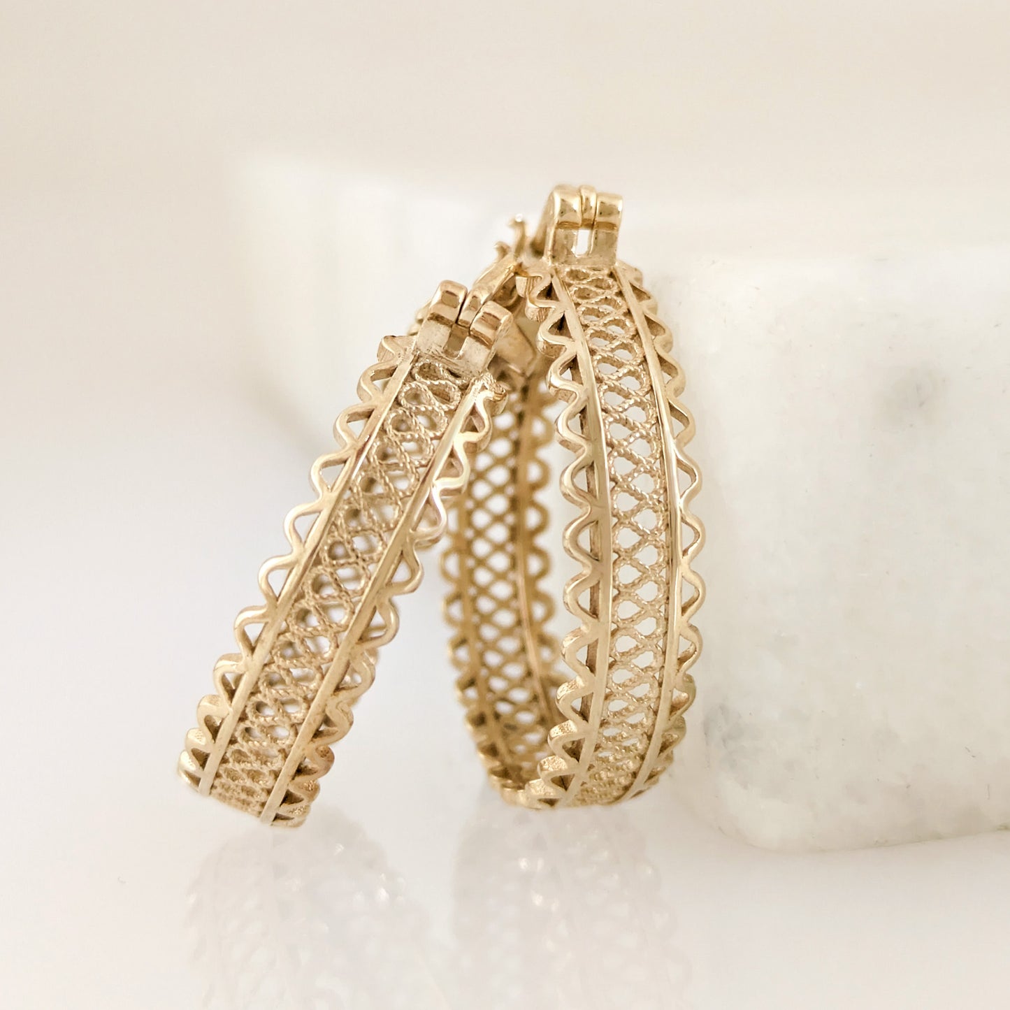 Ornate Filigree Hoop Earrings with Wavy Openwork Detail
