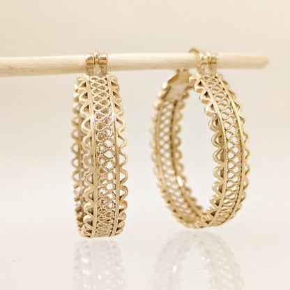 Ornate Filigree Hoop Earrings with Wavy Openwork Detail