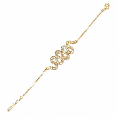 A delicate gold chain bracelet featuring a central openwork spiral or coiled motif set with small clear stones, shown on a plain white background.