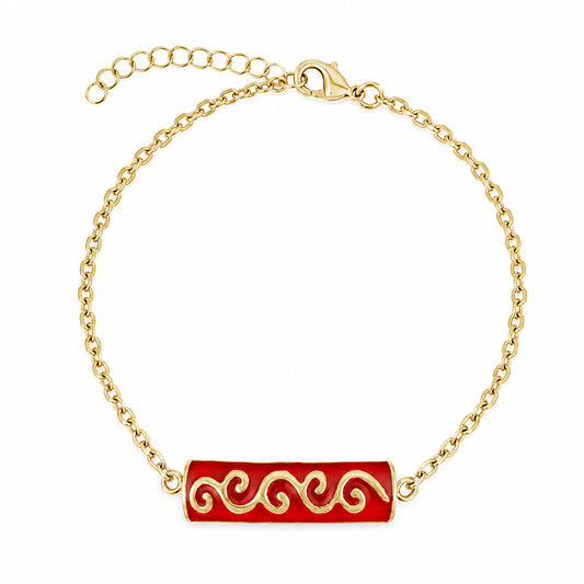 Red Enamel Wave Motif Bar Bracelet
