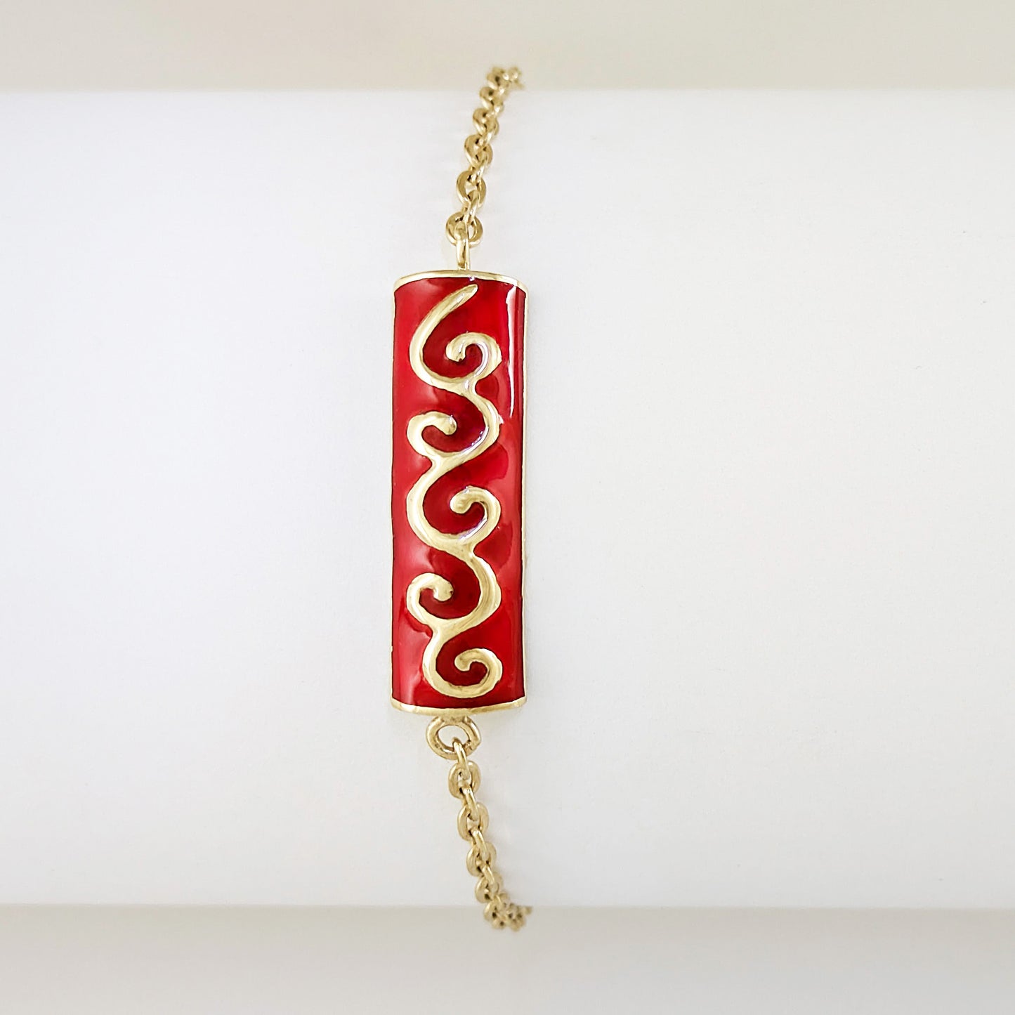 Red Enamel Wave Motif Bar Bracelet