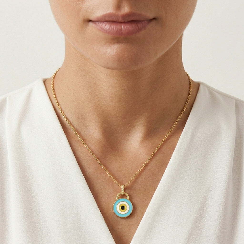 Round Gold Plated Evil Eye Multicolored Enamel Evil Eye Pendant