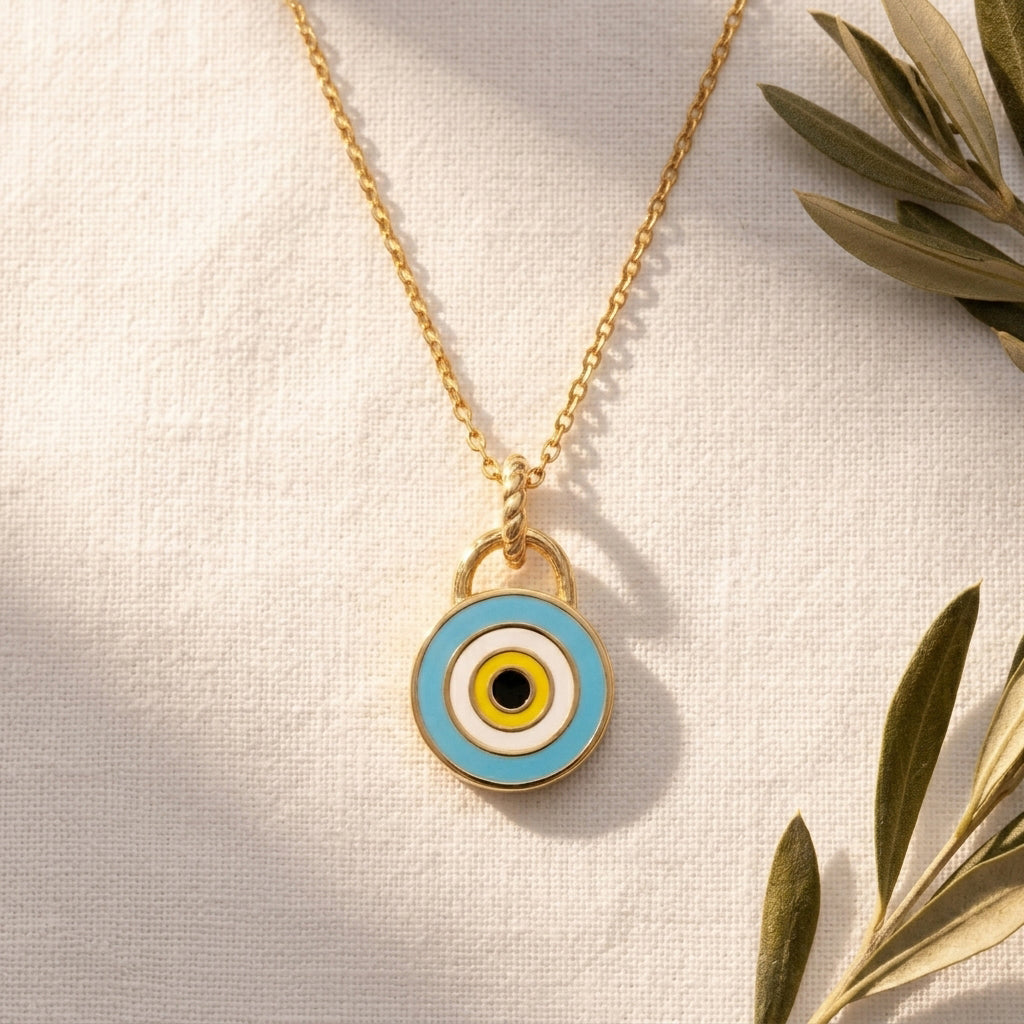 Round Gold Plated Evil Eye Multicolored Enamel Evil Eye Pendant