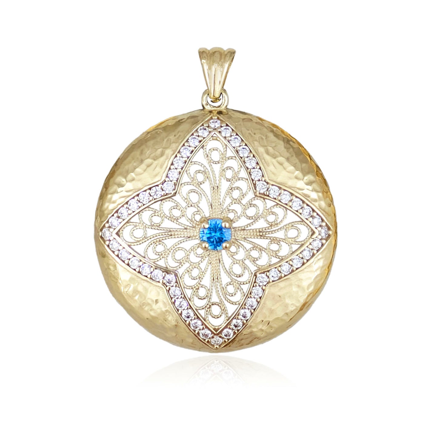 Gold Hammered Disc Pendant Blue CZ Filigree Floral Cross Medallion